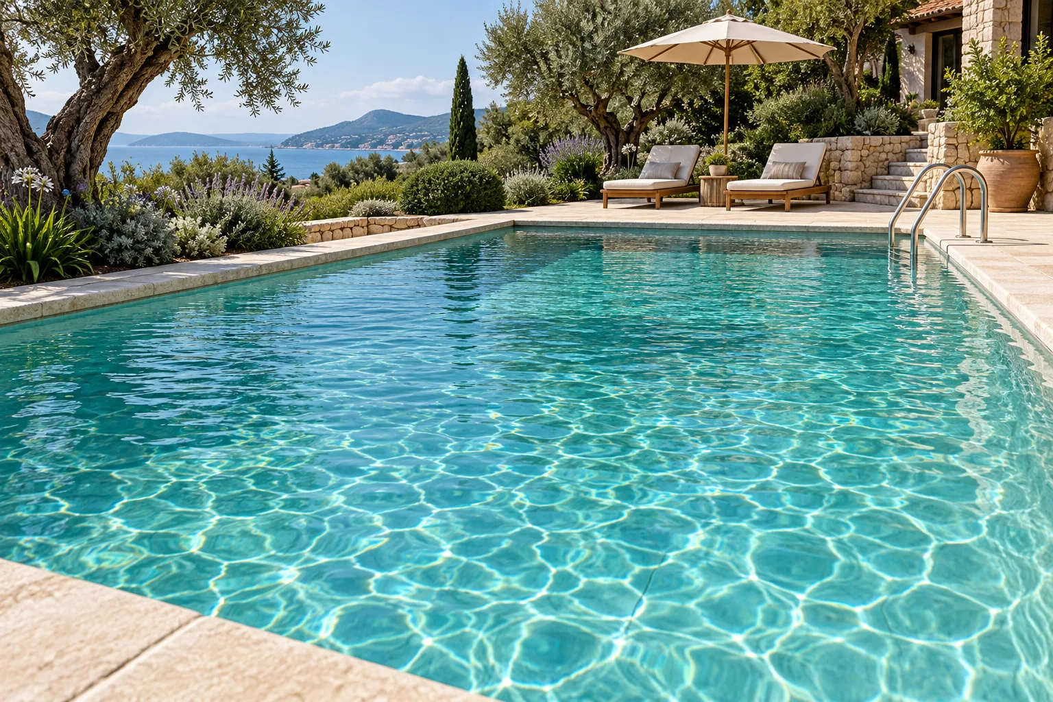 Illustrative sunlit swimming pool with turquoise water and pale stone surroundings